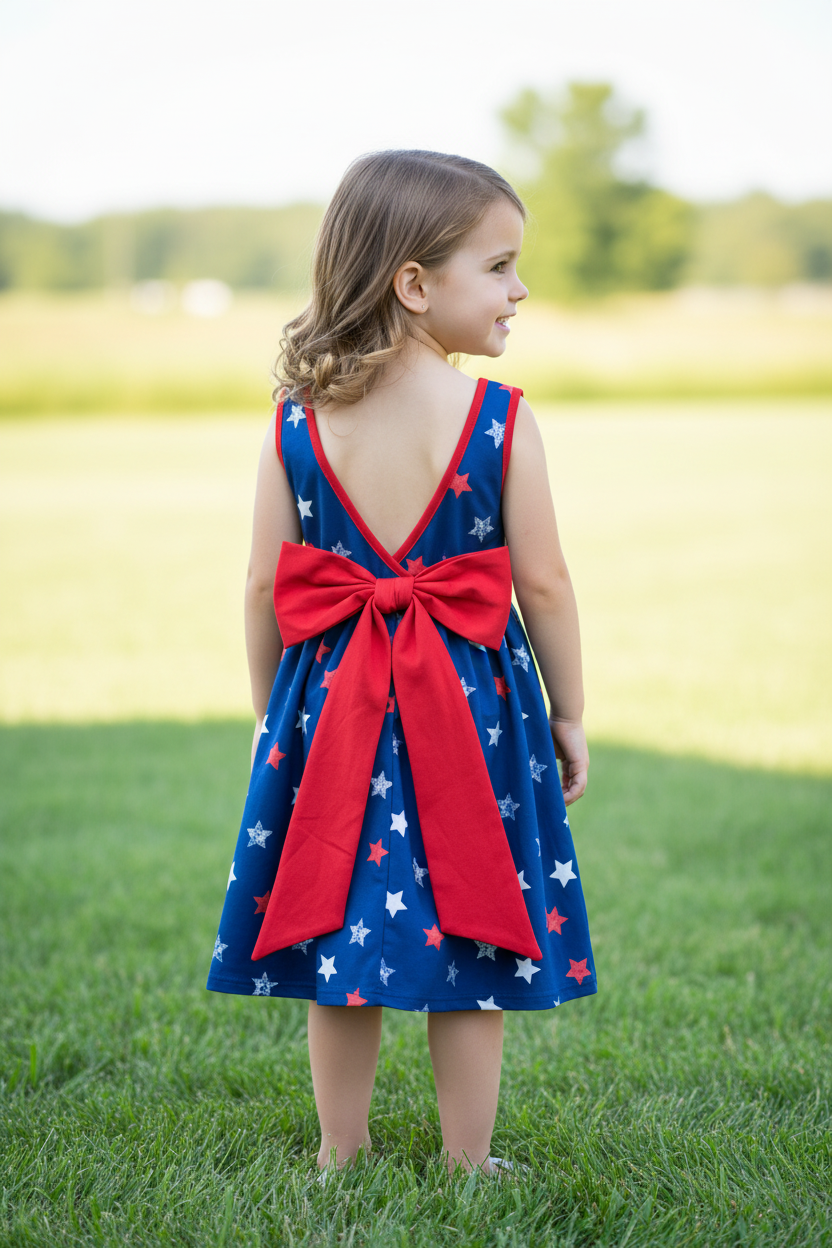 4th of July Red, White and Blue Stars with Red Bow