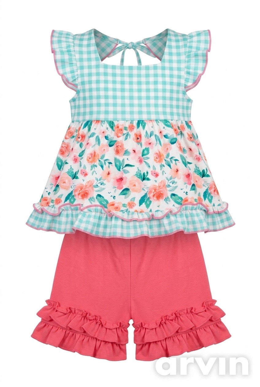 Floral & Checker Print Aqua Ruffle 2-Piece Girls Set