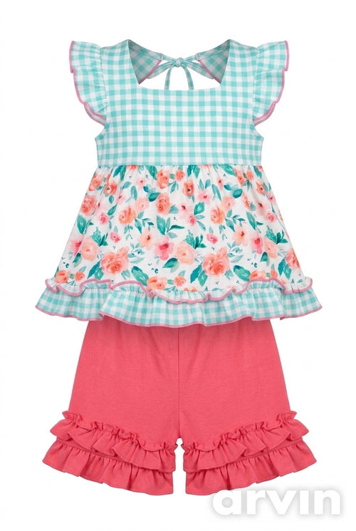 Floral & Checker Print Aqua Ruffle 2-Piece Girls Set