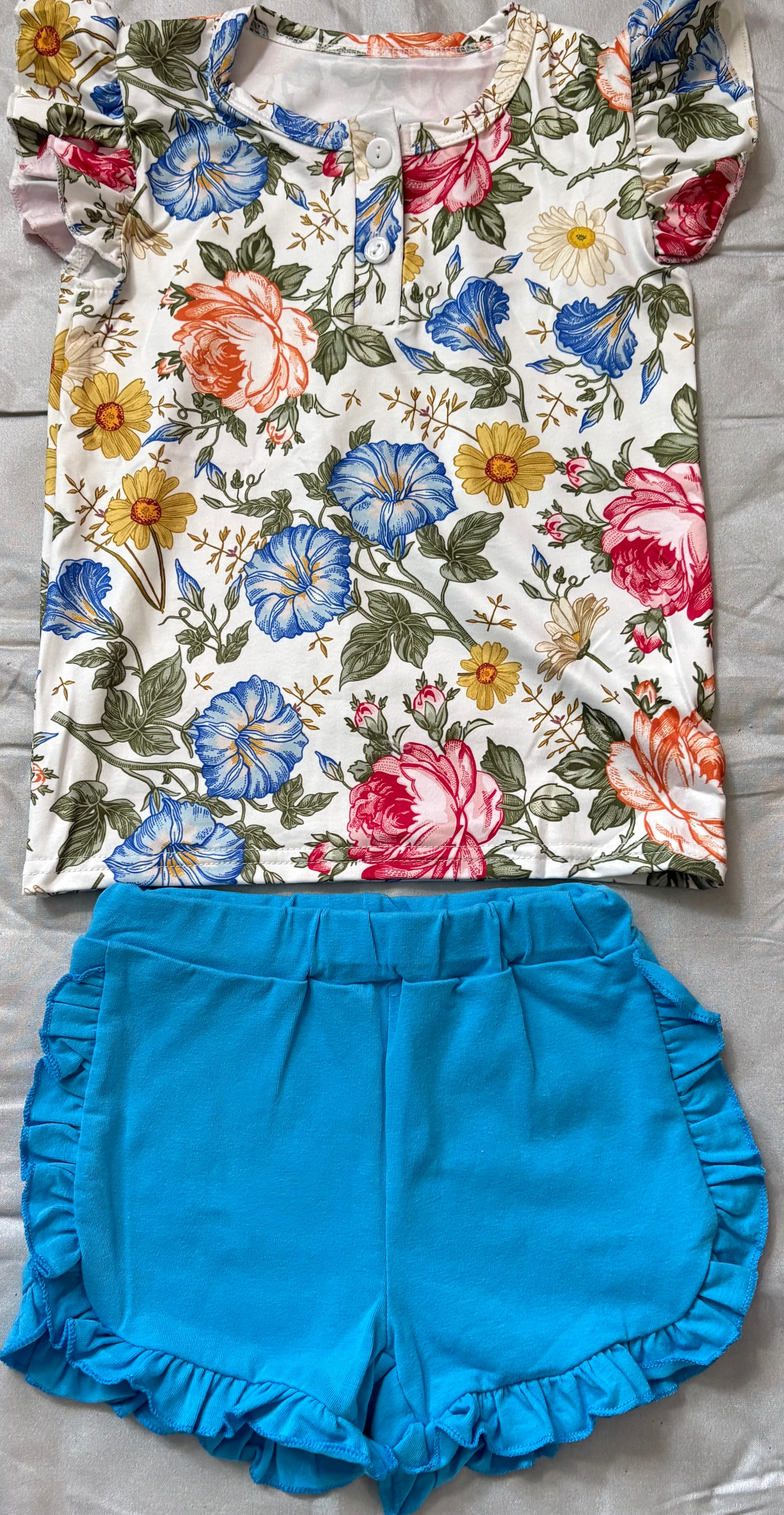 Floral Top & Blue Ruffle Shorts Set (Size 3-4)