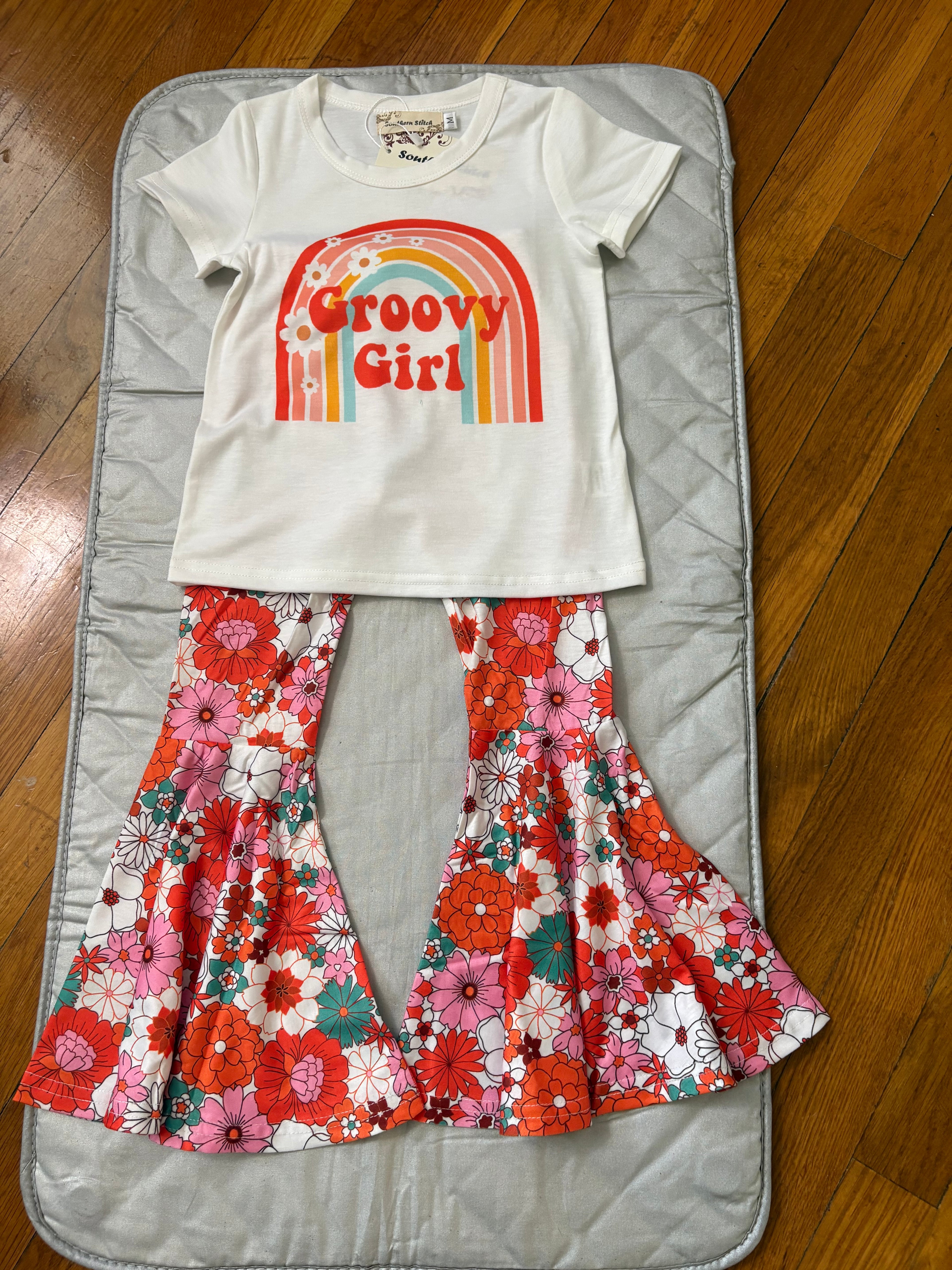 Groovy girl top & floral bell bottoms 2 piece girls set