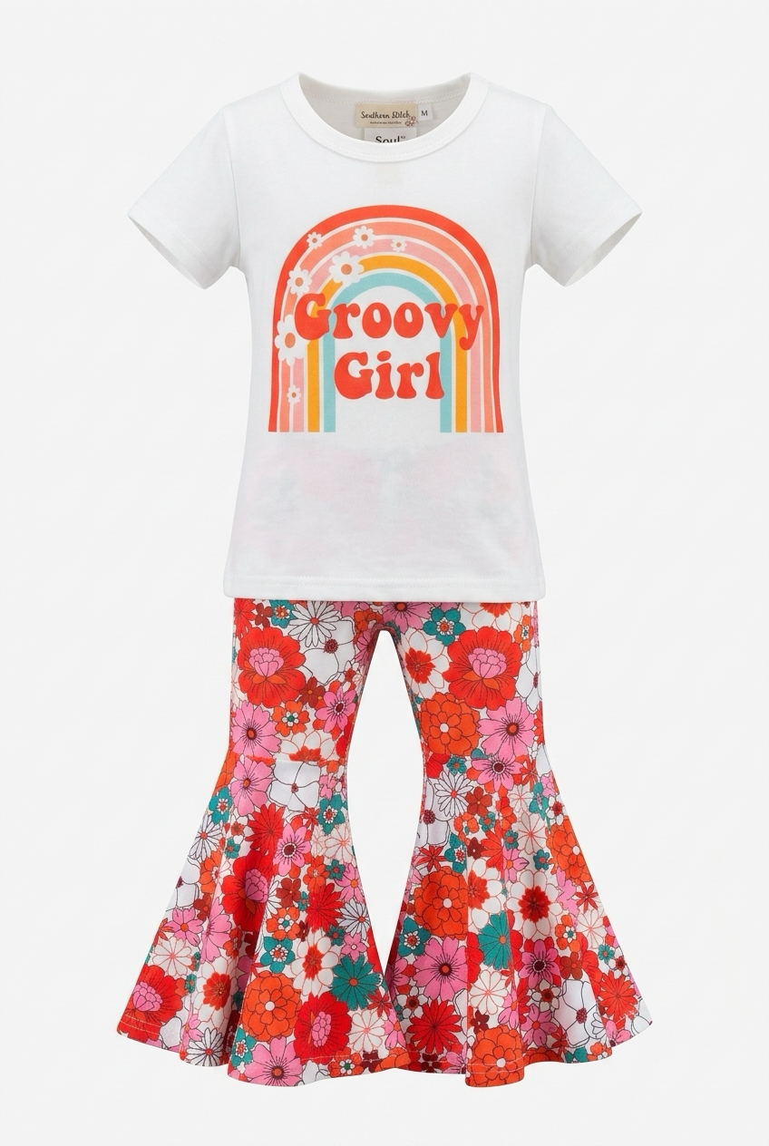 Groovy girl top & floral bell bottoms 2 piece girls set
