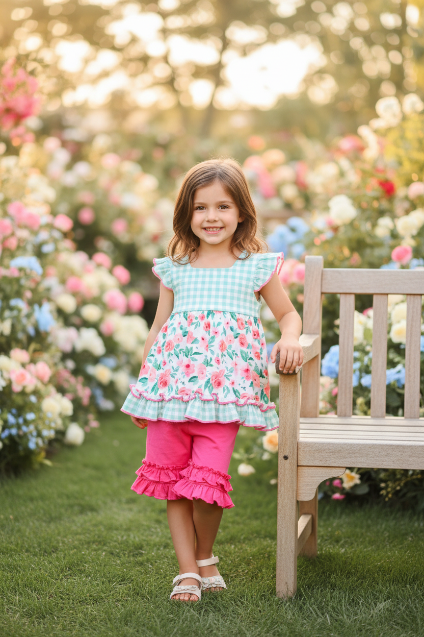 Floral & Checker Print Aqua Ruffle 2-Piece Girls Set - Full Body